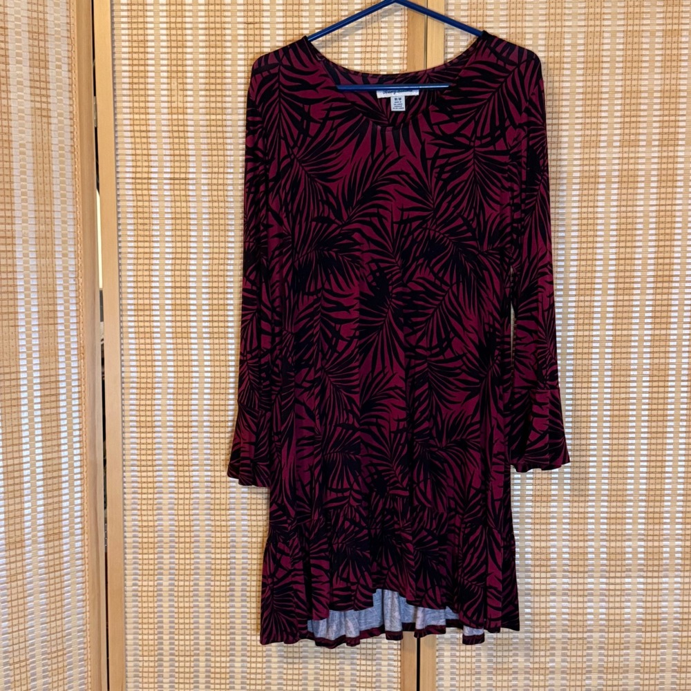 Tommy Bahama Womens Burgundy Black Palm Leaf‎ Ruffle Hem Dress M Tropical Chic